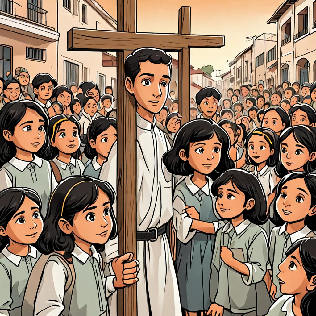 a man standing in front of a cross surrounded by children in school uniforms and a crowd of people in the background, lyco art, a storybook illustration, Fernando Amorsolo, comic cover art