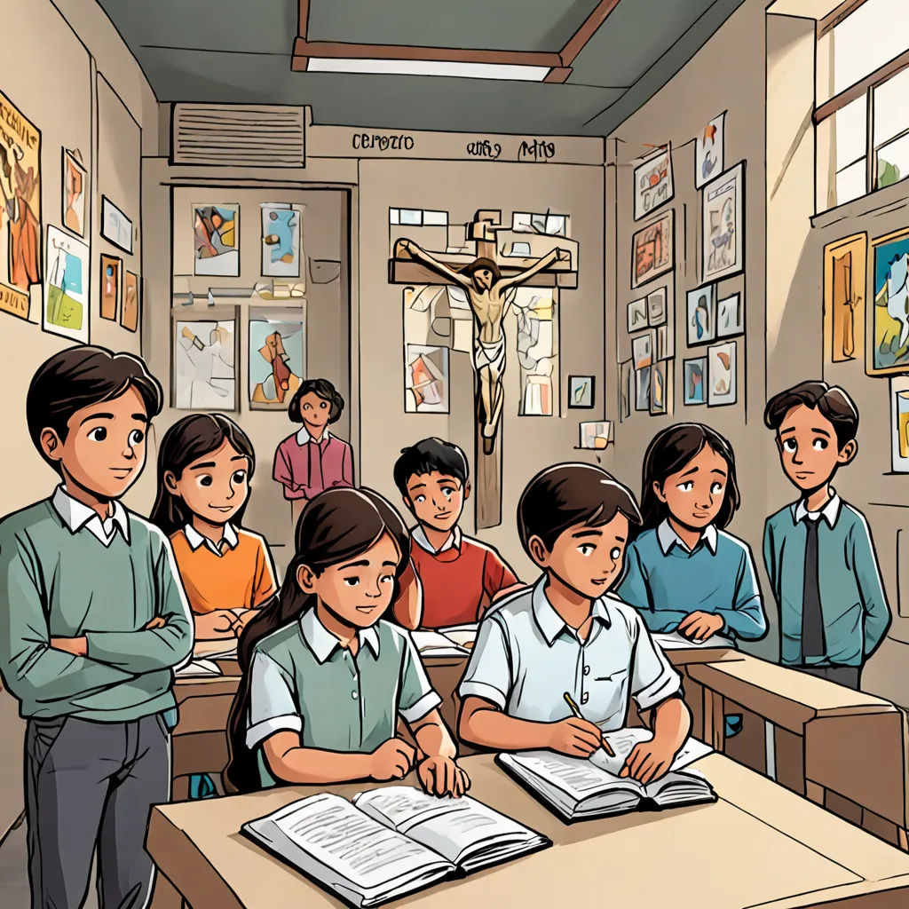 a group of children sitting at desks in a classroom with a crucifix in the background, bengal school of art, a comic book panel, Bhupen Khakhar, official art