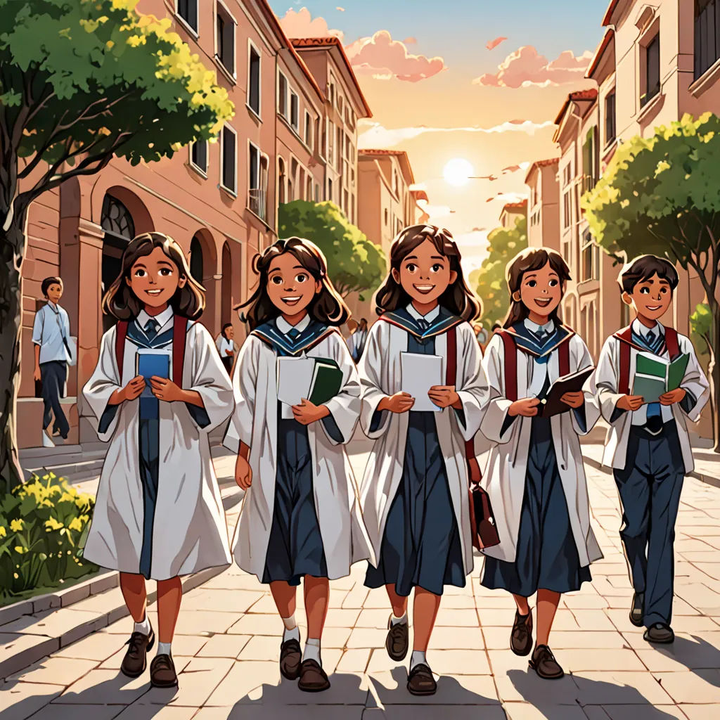 a group of children walking down a street holding books and books in their hands and wearing graduation robes and holding books, quito school, a comic book panel, Brothers Hildebrandt, official art