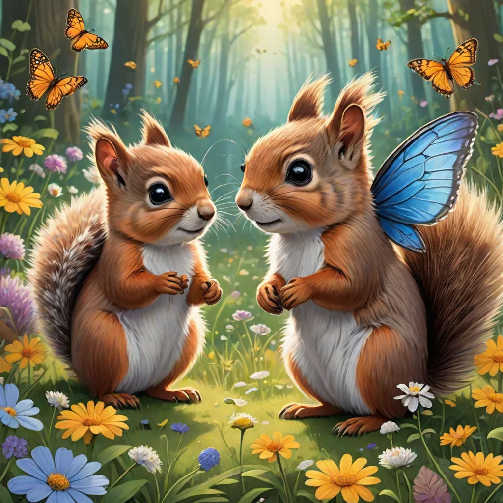 two squirrels are standing in the grass with butterflies around them and one is holding the other's hand, Anne Stokes, pop surrealism, a storybook illustration, official art