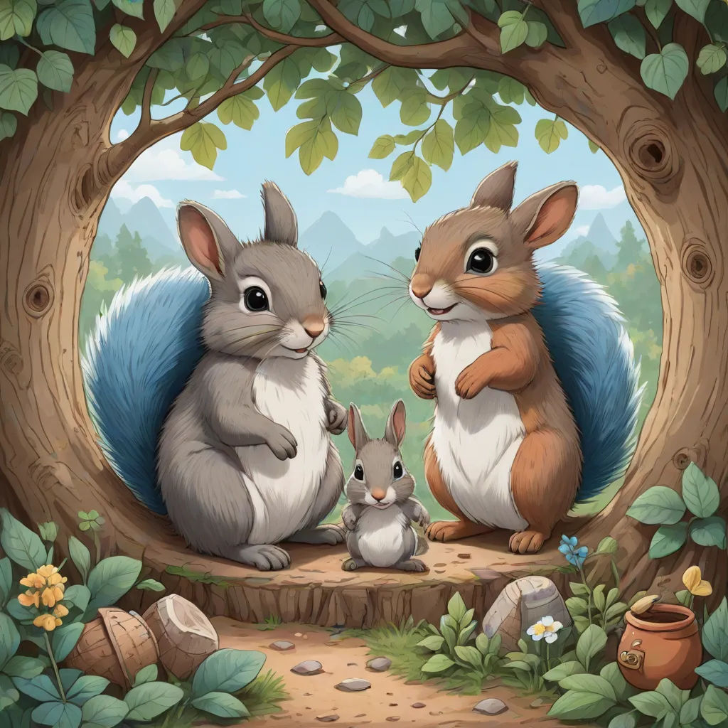 a couple of rabbits sitting in a tree with a baby rabbit in front of them and a squirrel in the background, Chris LaBrooy, furry art, a storybook illustration, official art