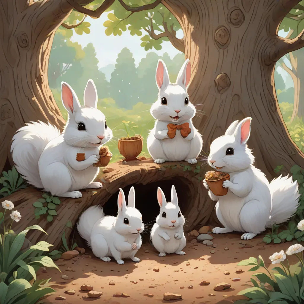 a group of rabbits sitting in a forest eating food from a bowl and a bowl of food in their hands, Chris LaBrooy, altermodern, a storybook illustration, rossdraws global illumination