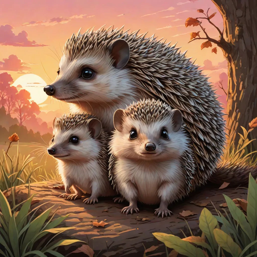 a painting of two hedgehogs sitting on a rock in the woods at sunset with a tree in the background, Brothers Hildebrandt, sots art, a storybook illustration, official art