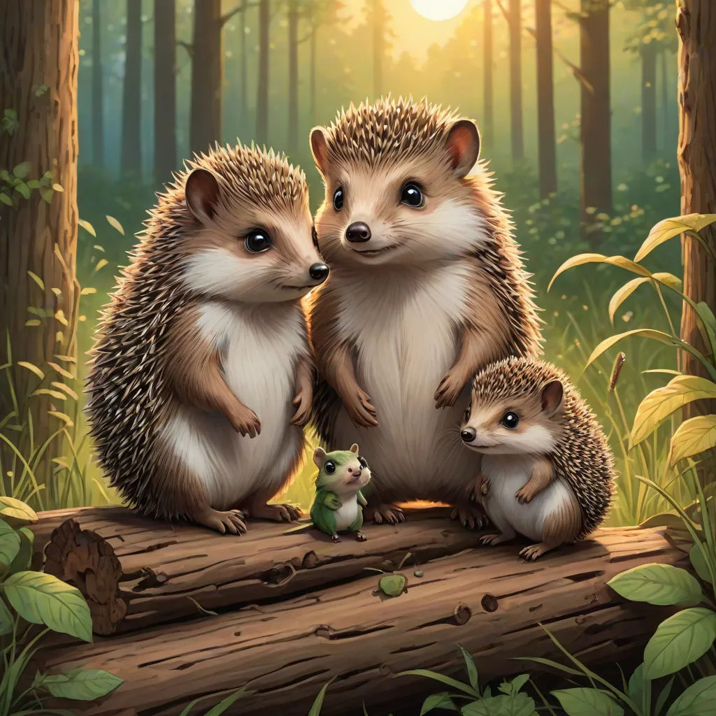 a painting of two hedges sitting on a log in the woods with a mouse in front of them, Chris LaBrooy, sots art, a storybook illustration, official art
