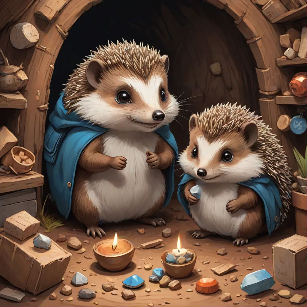 two hedgehogs are sitting in a cave with a candle in front of them and a potted plant, Chris LaBrooy, fantasy art, a digital painting, hearthstone