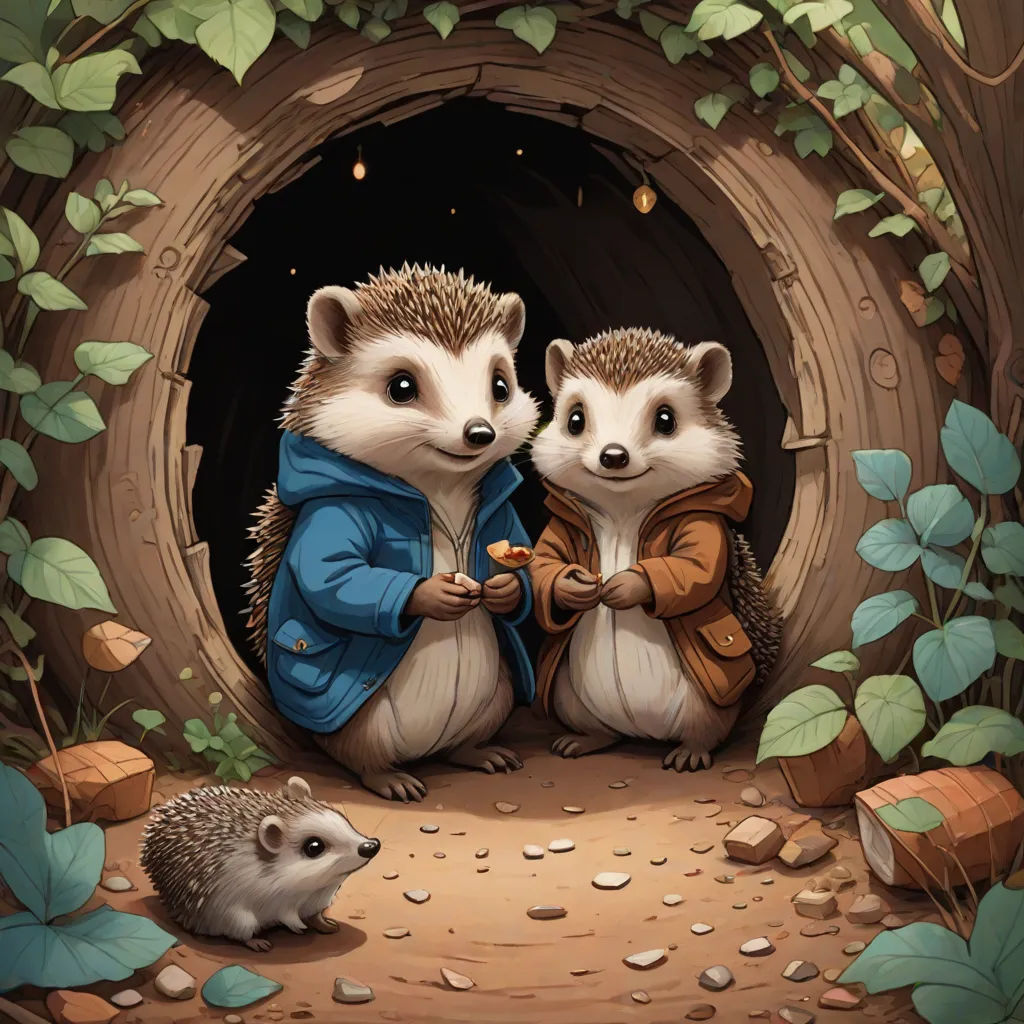 two hedges are standing in a tunnel with leaves on the ground and one is holding a piece of wood, Chris LaBrooy, furry art, a storybook illustration, official art