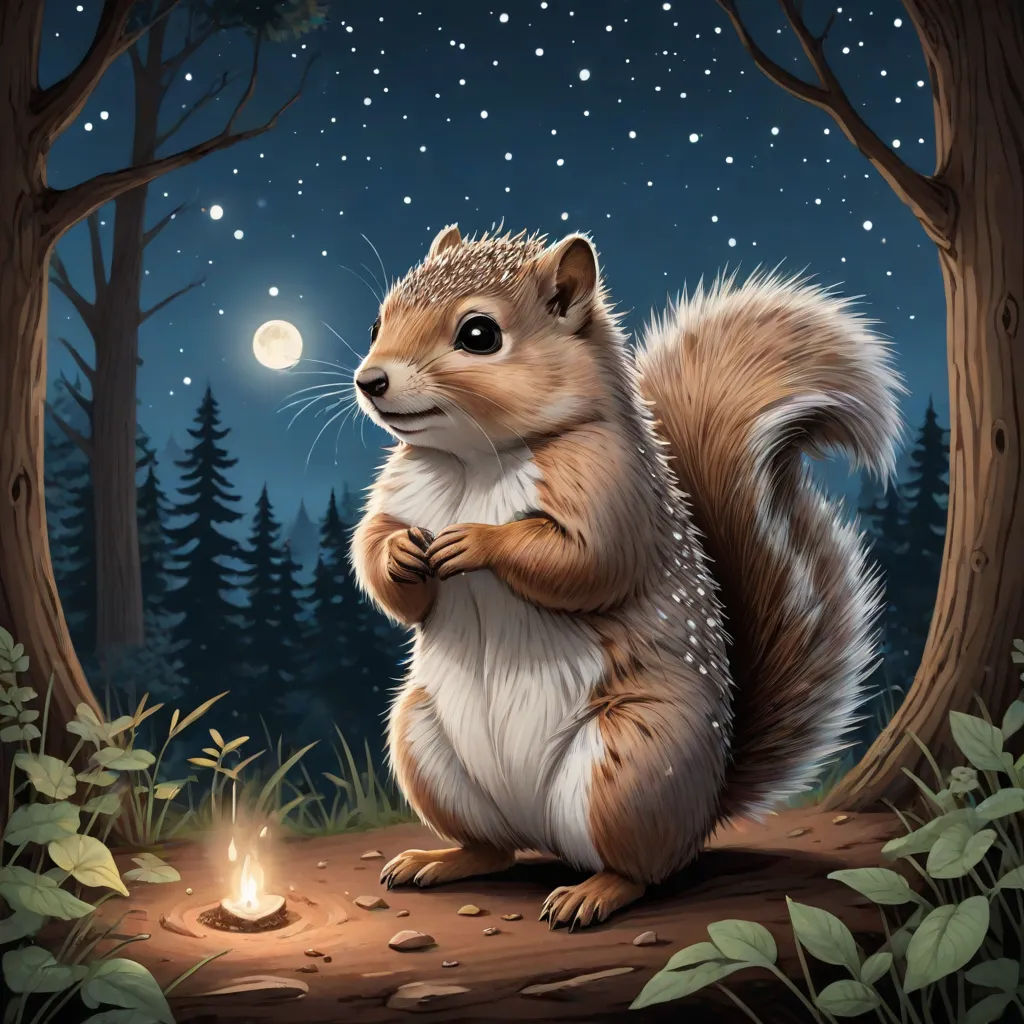 a squirrel is sitting on a log in the woods at night with a lit candle in its paws and a full moon in the background, Chris LaBrooy, fantasy art, a storybook illustration, official art