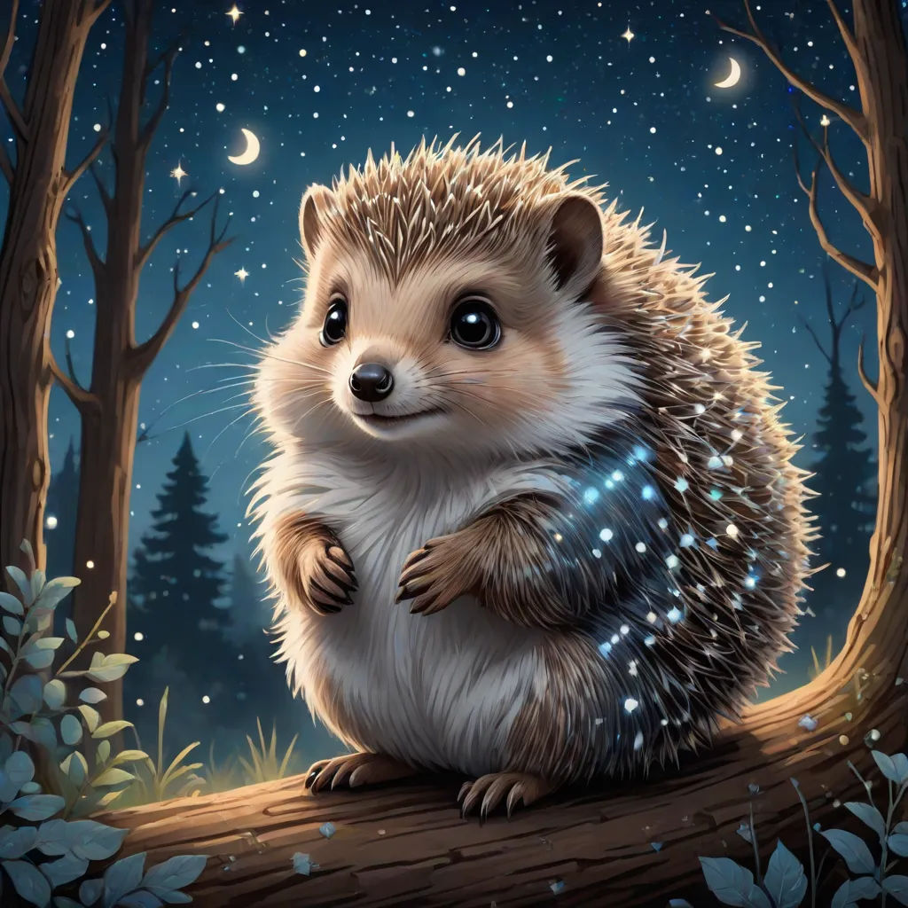 a hedgehog sitting on a log in the woods at night with stars and moon in the sky above, Chris LaBrooy, fantasy art, a storybook illustration, official art