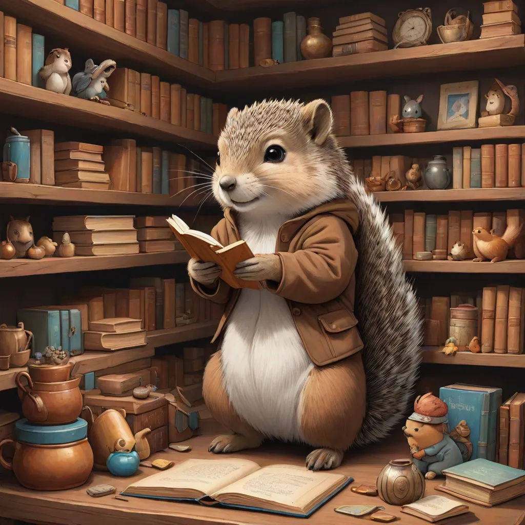 a painting of a squirrel reading a book in a library with bookshelves and other books on the shelves, Chris LaBrooy, furry art, a storybook illustration, storybook illustration