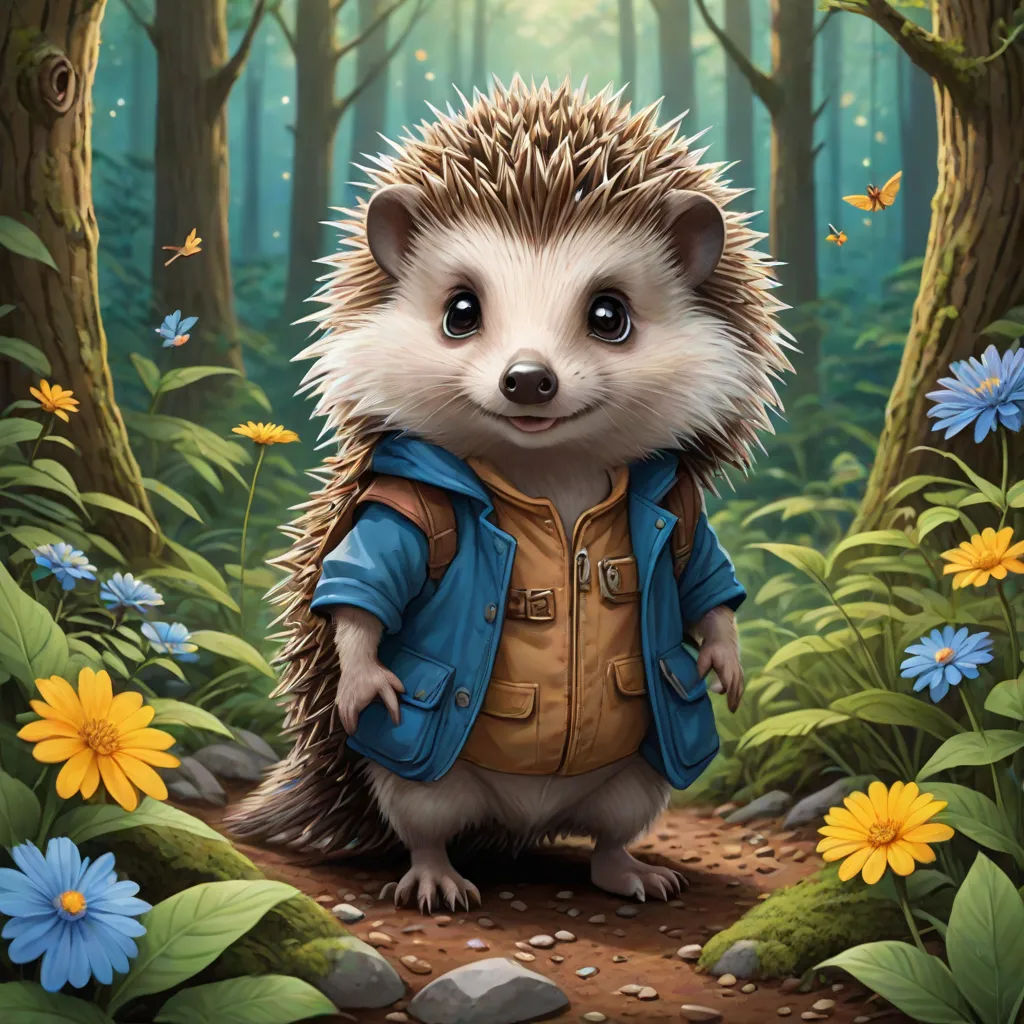 a hedgehog in a blue jacket standing in a forest with flowers and butterflies around him, with a blue jacket on, Chris LaBrooy, furry art, a character portrait, official art