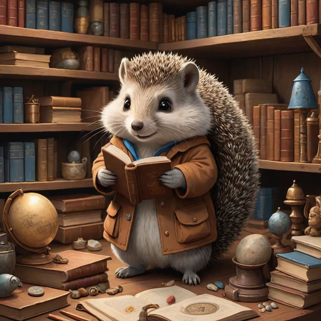 a hedge is reading a book in a library with bookshelves and books on the shelves behind it, Chris LaBrooy, furry art, a storybook illustration, storybook illustration