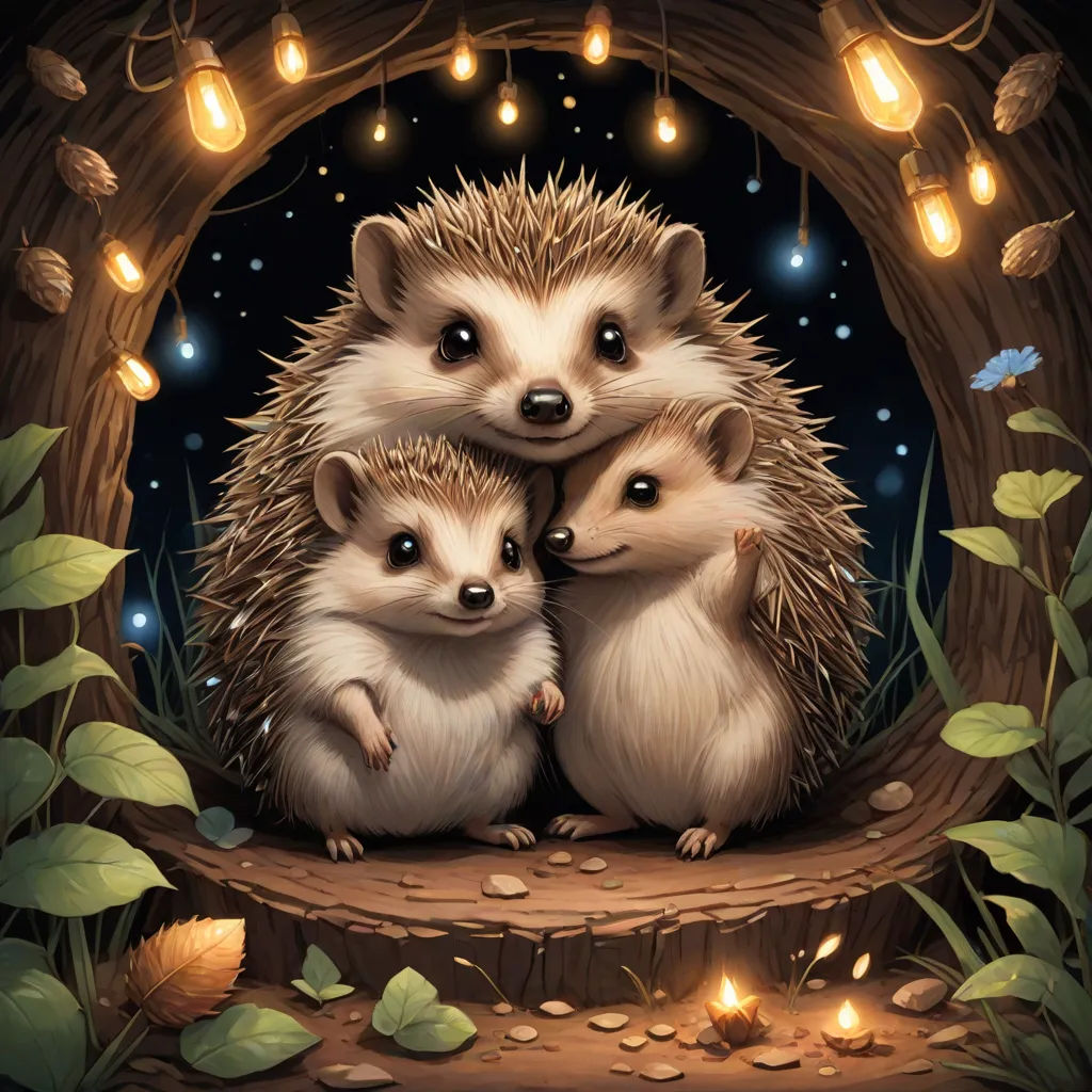 a couple of hedgehogs sitting on top of a log under a light filled sky with stars and lights, Dan Mumford, fantasy art, a storybook illustration, official art