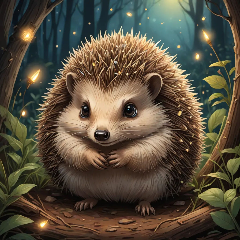 a hedgehog sitting on a log in a forest with fireflies in the background and a light up forest, Dan Mumford, fantasy art, a storybook illustration, fantasy illustration