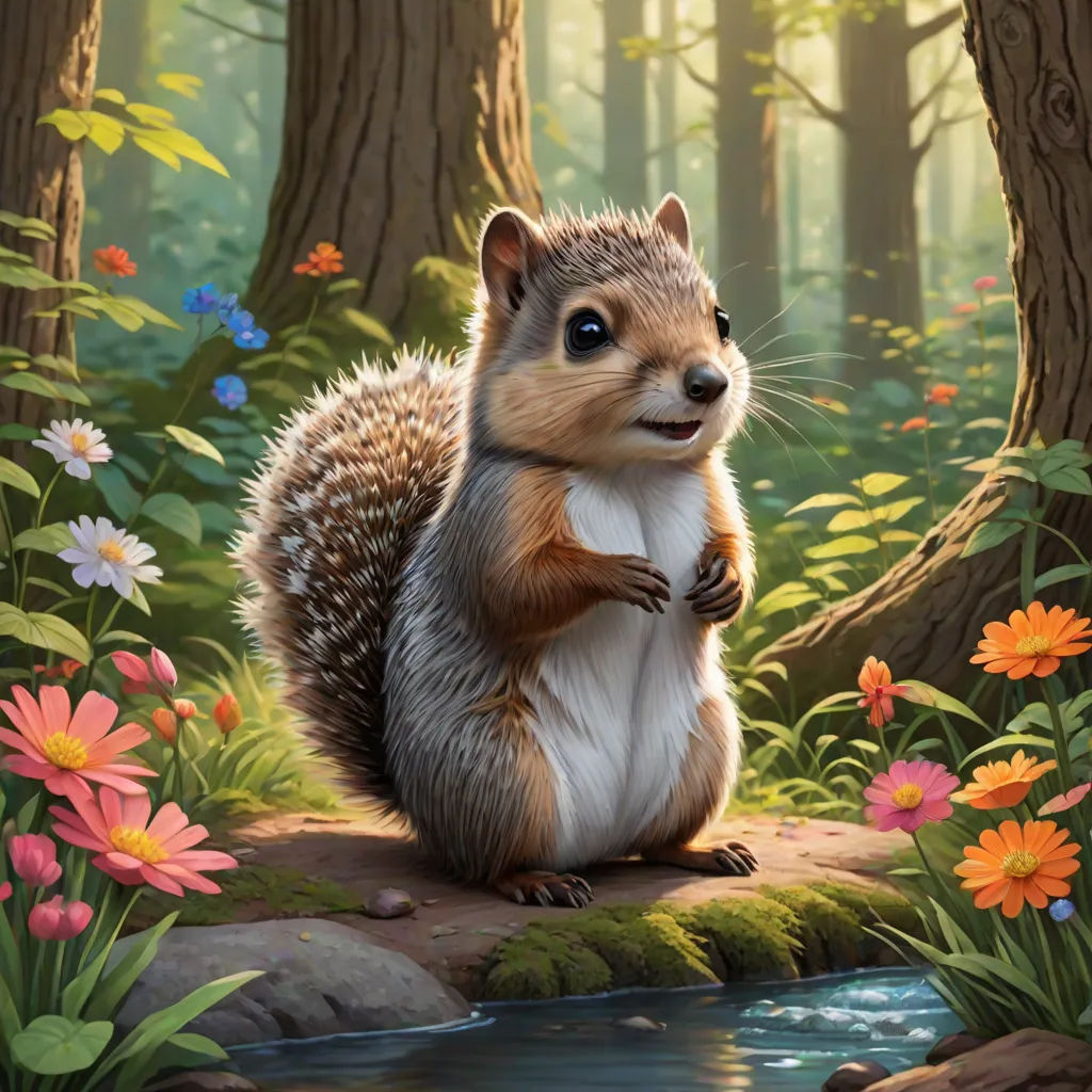 a painting of a squirrel sitting on a rock in a forest with flowers and a stream in the foreground, Chris LaBrooy, furry art, an airbrush painting, official art