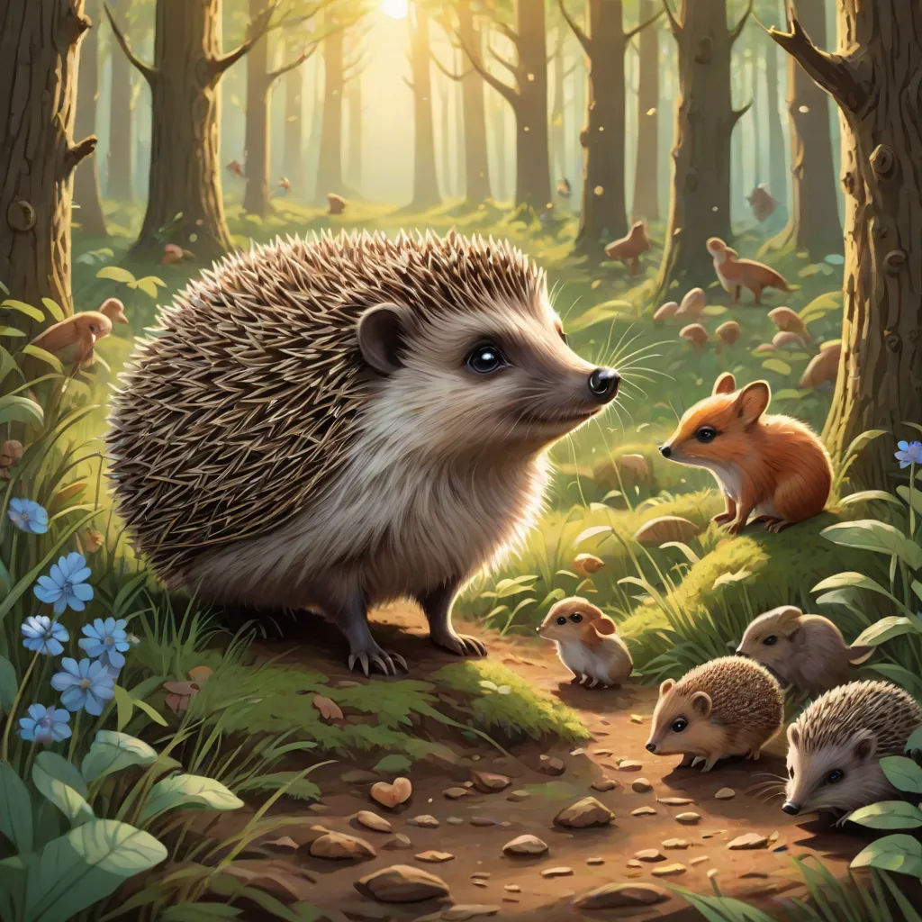a painting of a hedge and her babies in a forest with blue flowers and trees in the background, with a sun shining through the trees, Dan Mumford, fantasy art, a storybook illustration, official art