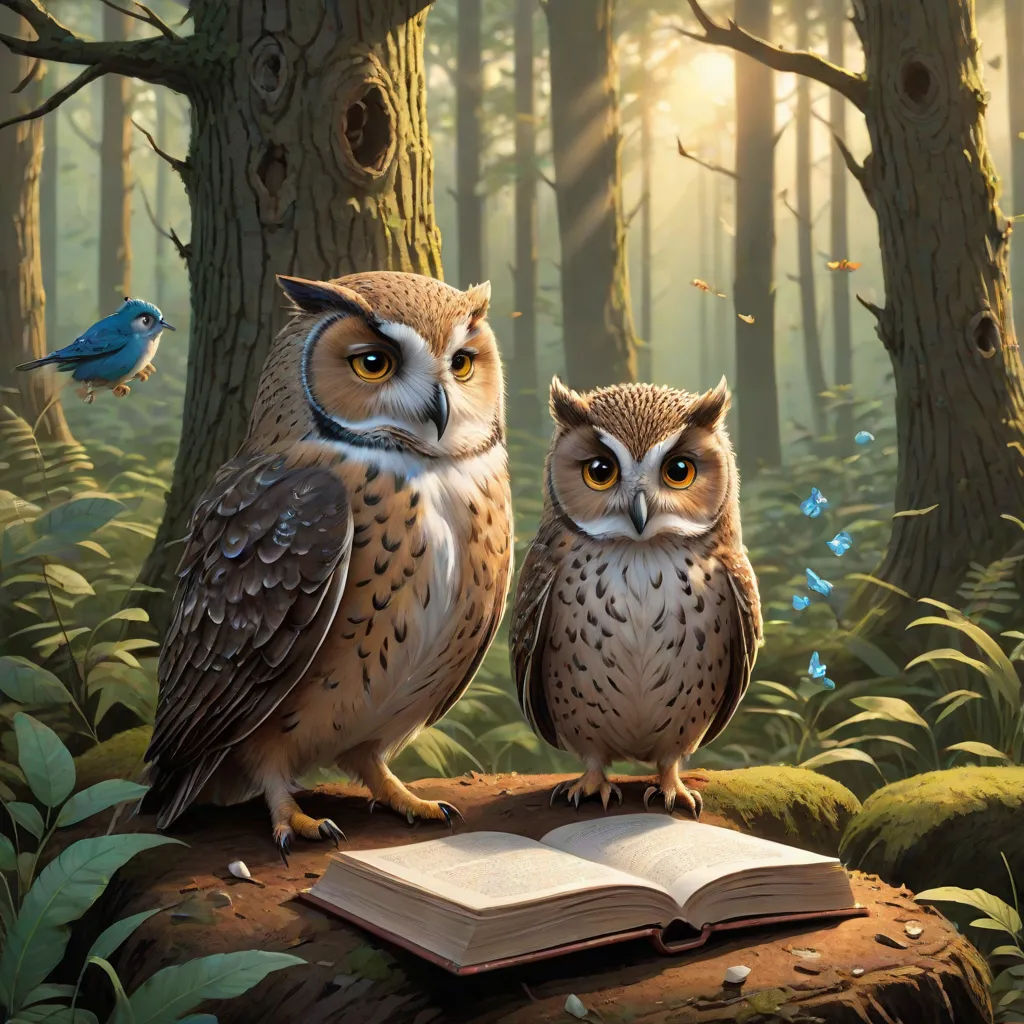 two owls sitting on a log in a forest with a book open and a bird flying by them,, Chris LaBrooy, fantasy art, a storybook illustration, storybook illustration