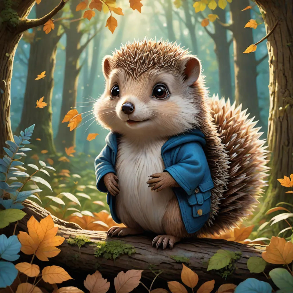 a hedgehog sitting on a log in a forest with leaves around it and a blue jacket on it, Chris LaBrooy, sots art, a storybook illustration, official art