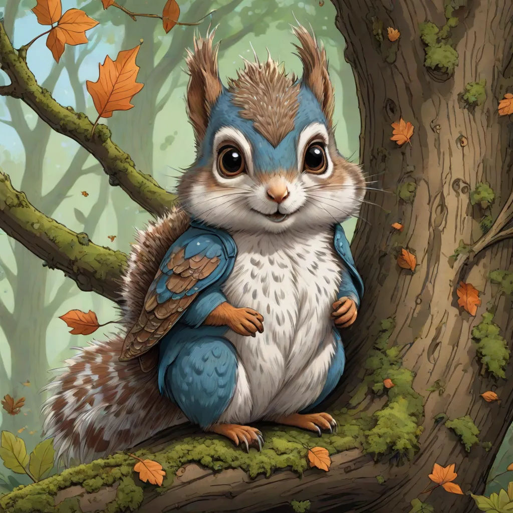 a painting of a squirrel with a blue jacket on it's back sitting on a tree branch in a forest, Chris LaBrooy, altermodern, a detailed painting, magic the gathering artwork