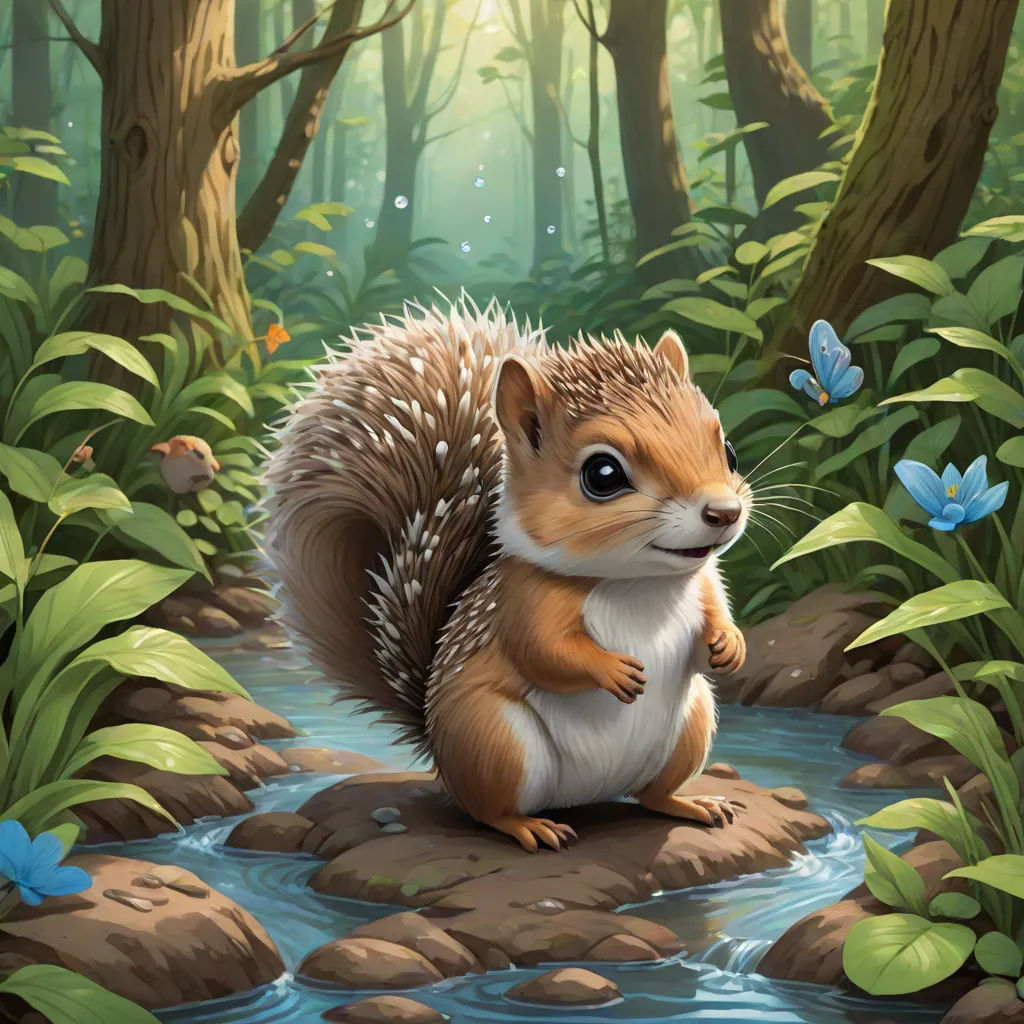 a squirrel is sitting on a rock in the woods by a stream of water and butterflies flying around it, Chris LaBrooy, altermodern, a character portrait, official art