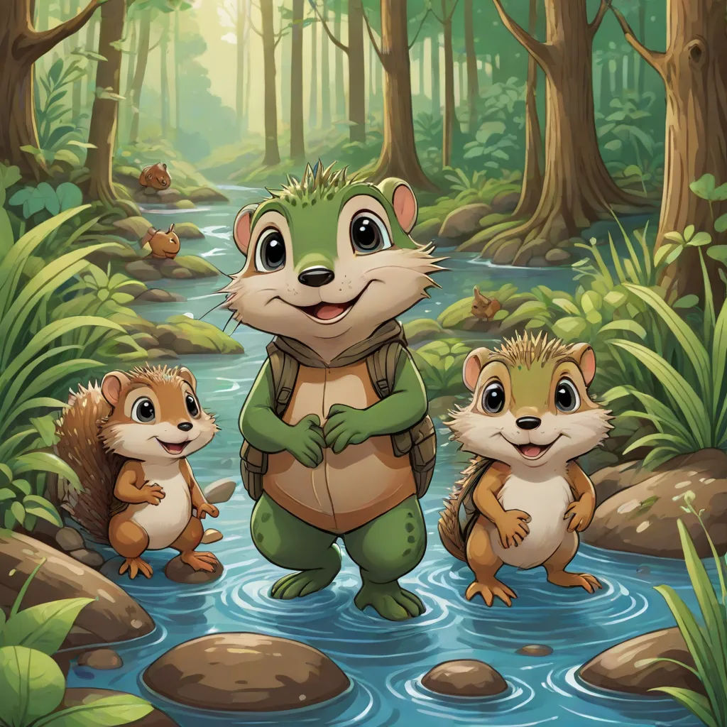 a group of animals standing in a forest next to a river and trees with leaves on it and a forest background, Chris LaBrooy, sots art, a storybook illustration, official art