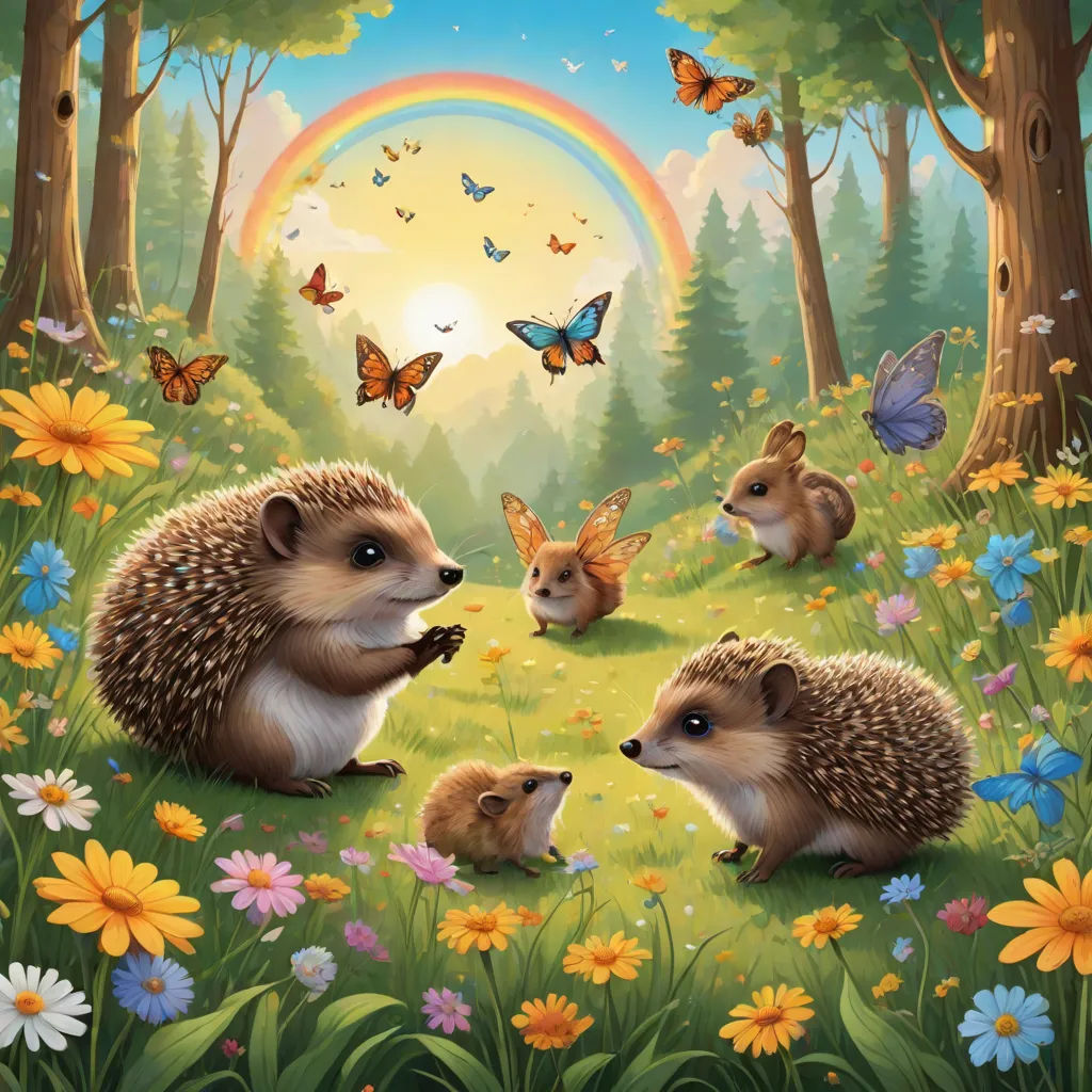a painting of a group of hedges in a forest with butterflies and flowers around them, with a rainbow in the background, Anne Stokes, magic realism, a storybook illustration, official art