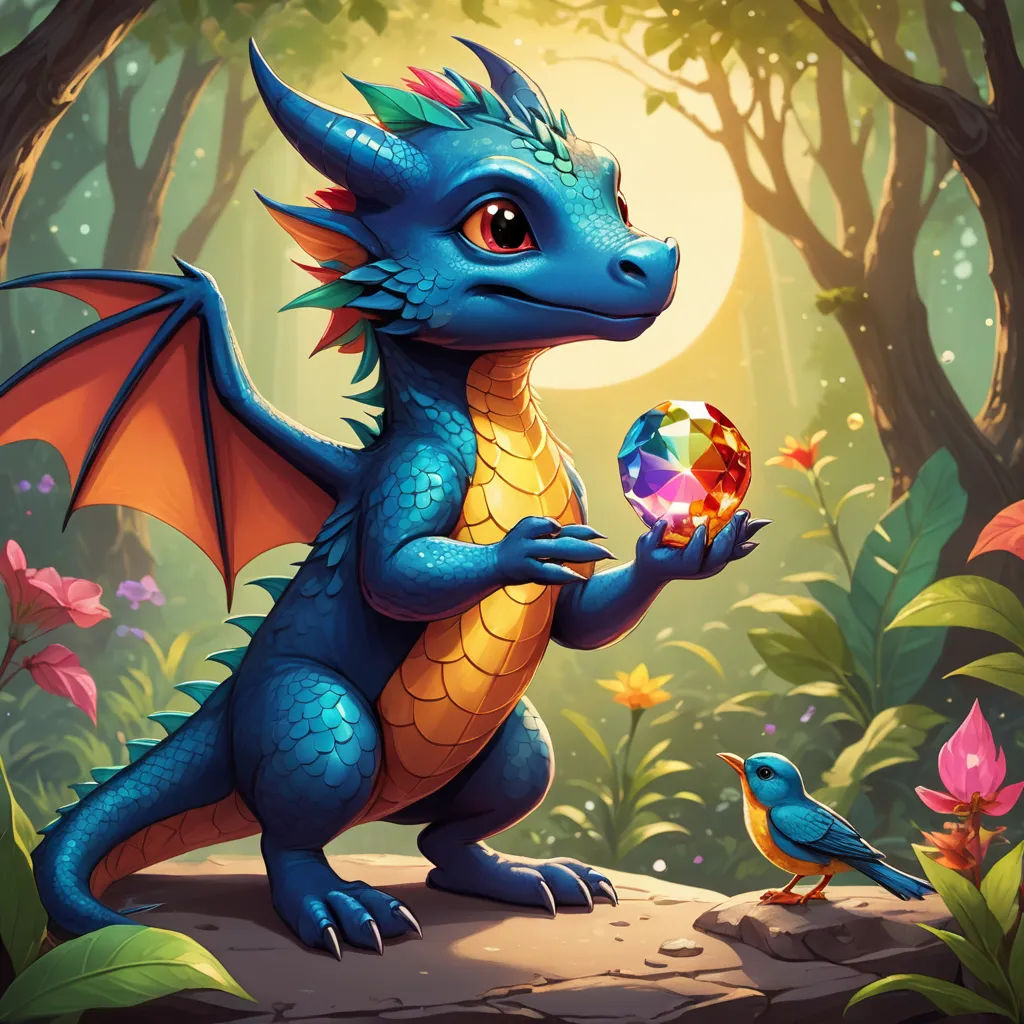 a blue dragon holding a crystal ball in a forest with a bird nearby on a sunny day with a full moon, fantasy art, concept art, Craola, dragon art