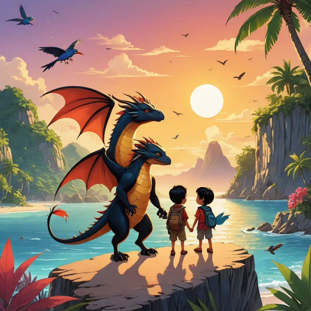 a boy and a girl are standing on a cliff with a dragon in the background and a bird flying over the water, fantasy art, a storybook illustration, Cliff Childs, storybook illustration