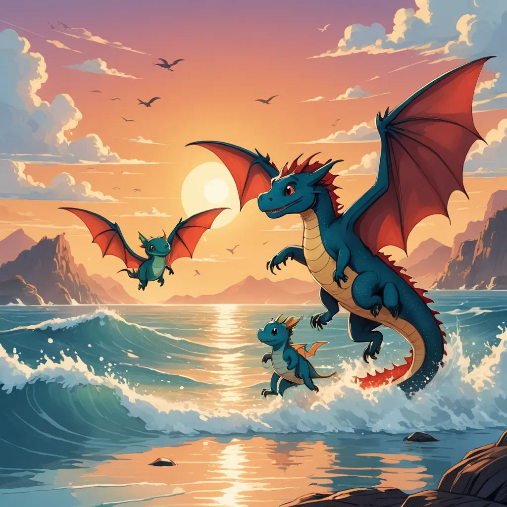 a painting of a dragon and two smaller dragon in the ocean at sunset with a bird flying over the water, fantasy art, a storybook illustration, Chris LaBrooy, dragon art