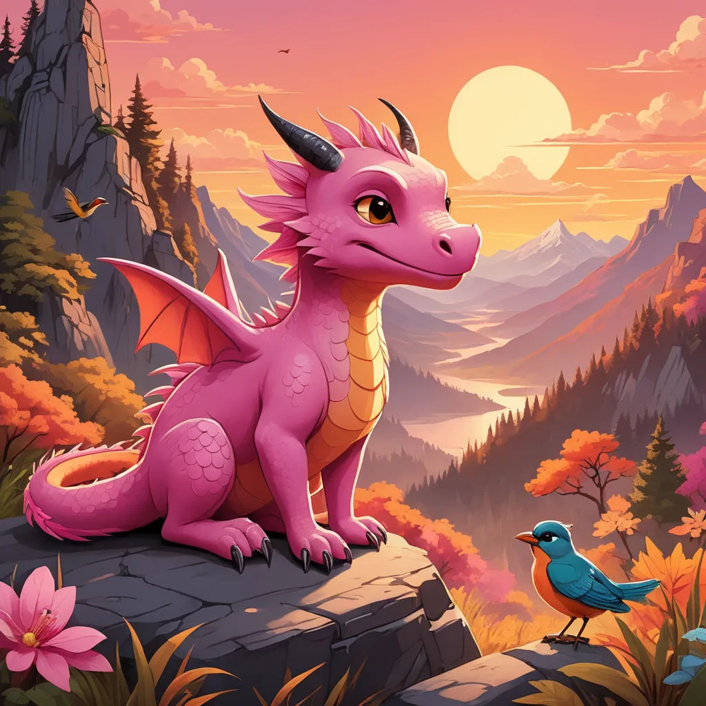 a pink dragon sitting on a rock next to a bird on a mountain side at sunset with a bird nearby, fantasy art, a storybook illustration, Chris LaBrooy, dragon art