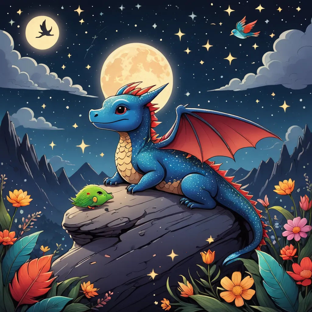 a blue dragon sitting on a rock with a green frog under a full moon sky with stars and clouds, fantasy art, a storybook illustration, Anne Stokes, dragon art