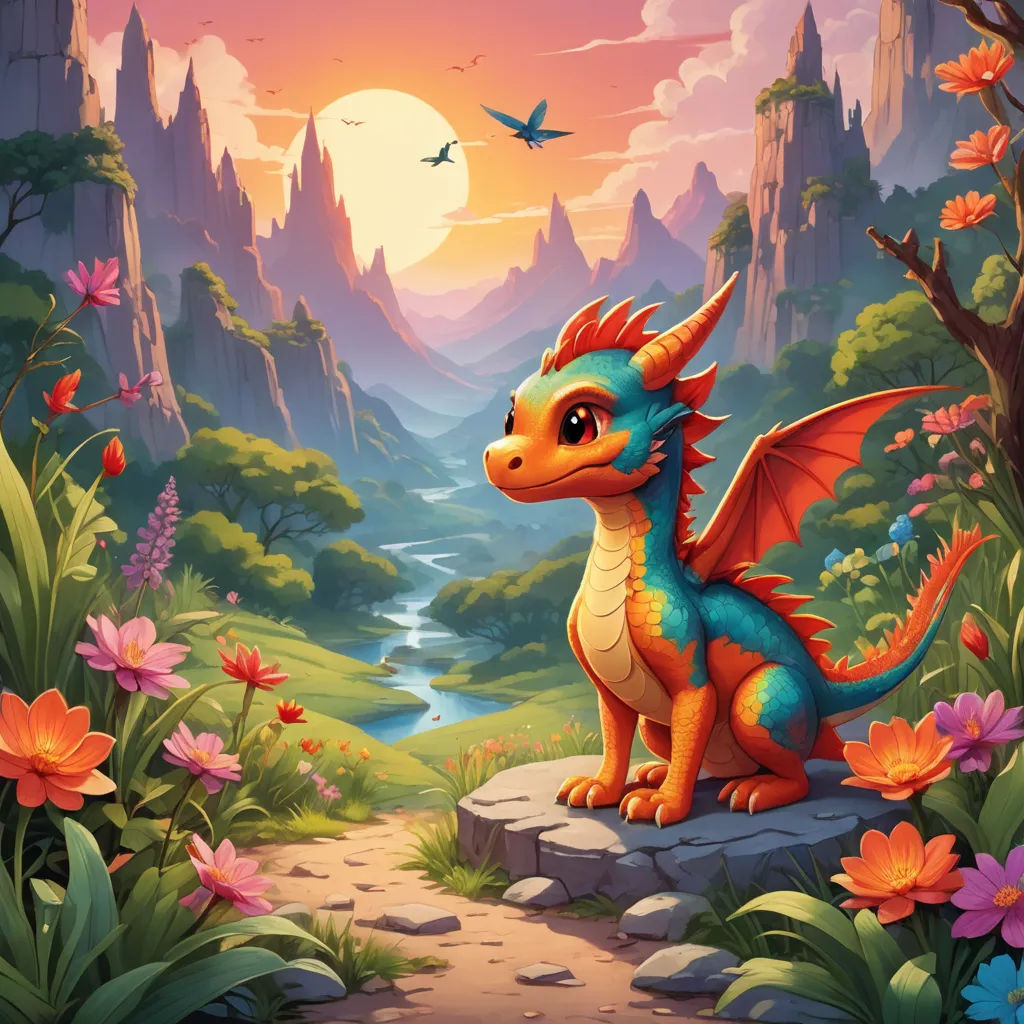 a dragon sitting on a rock in a forest with flowers and a bird flying over it in the background, fantasy art, a storybook illustration, Chris LaBrooy, dragon art
