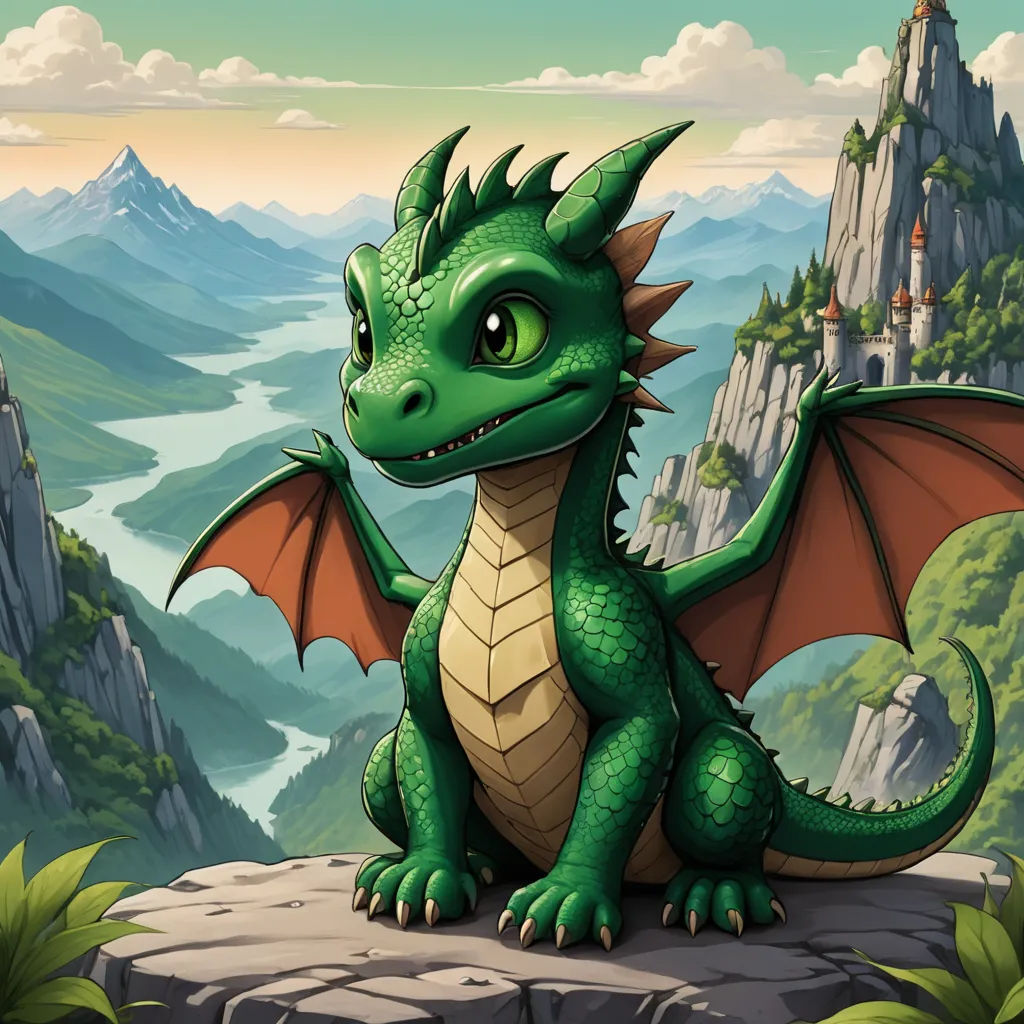 a green dragon sitting on a rock in front of a mountain landscape with a castle in the background and a castle in the distance, fantasy art, a storybook illustration, Diego Gisbert Llorens, dragon art