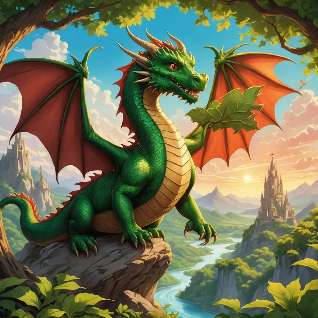 a green dragon sitting on top of a rock next to a river and a castle in the background with a sky, fantasy art, a storybook illustration, Anne Stokes, dragon art