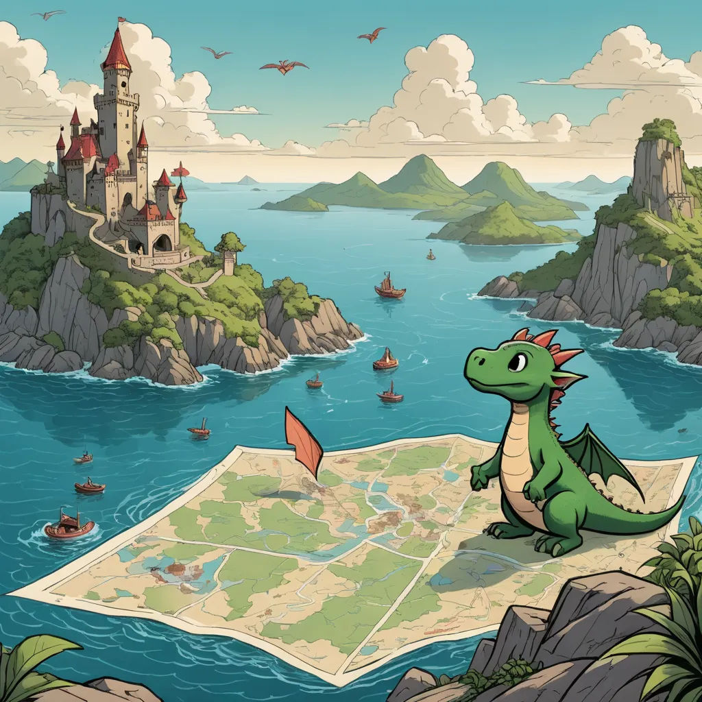 a cartoon of a dragon sitting on a map looking at a castle and a boat in the water and a castle in the background, fantasy art, a storybook illustration, Chris LaBrooy, rossdraws global illumination