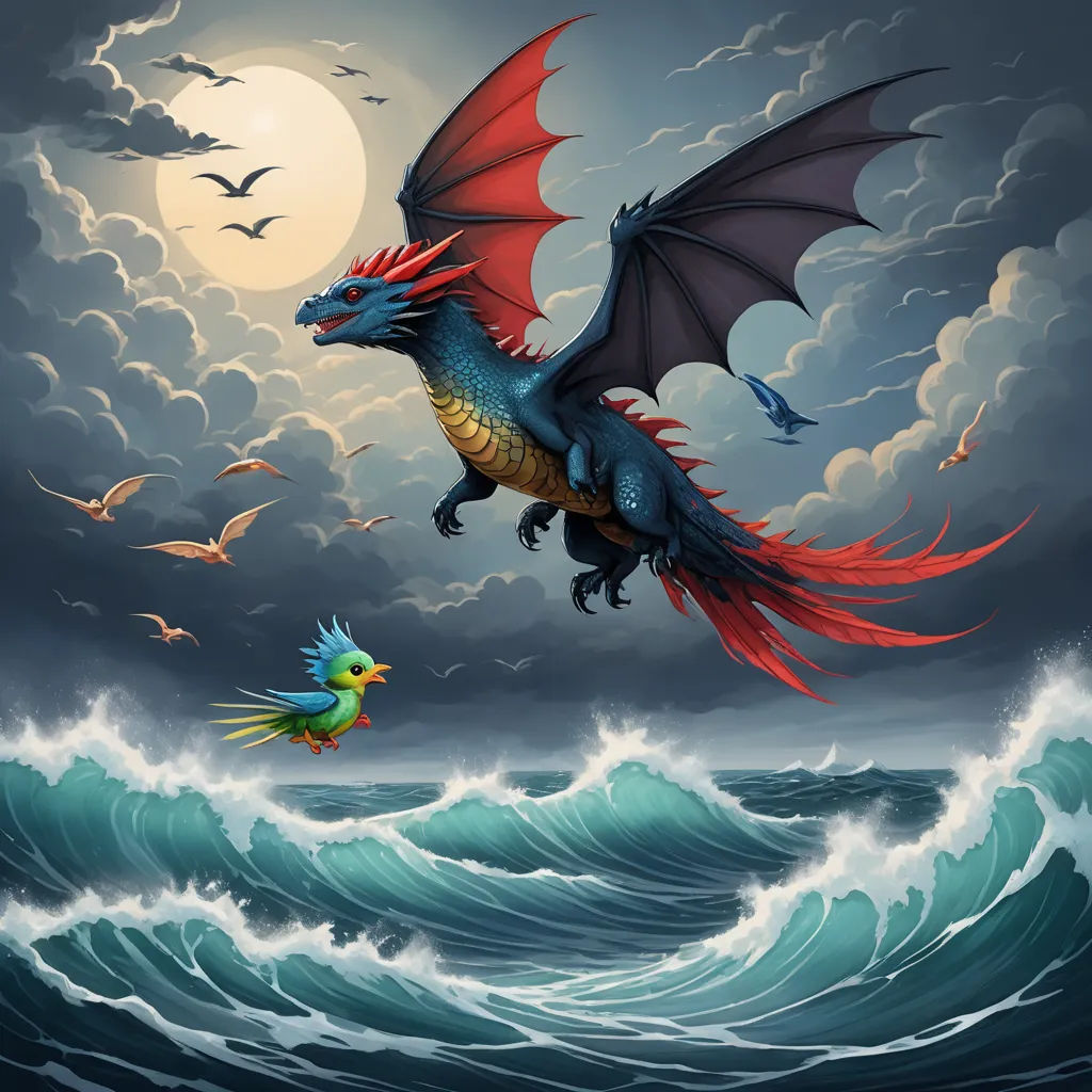 a painting of a dragon and a bird flying over a wave in the ocean with a full moon in the background, fantasy art, a storybook illustration, Anne Stokes, dragon art