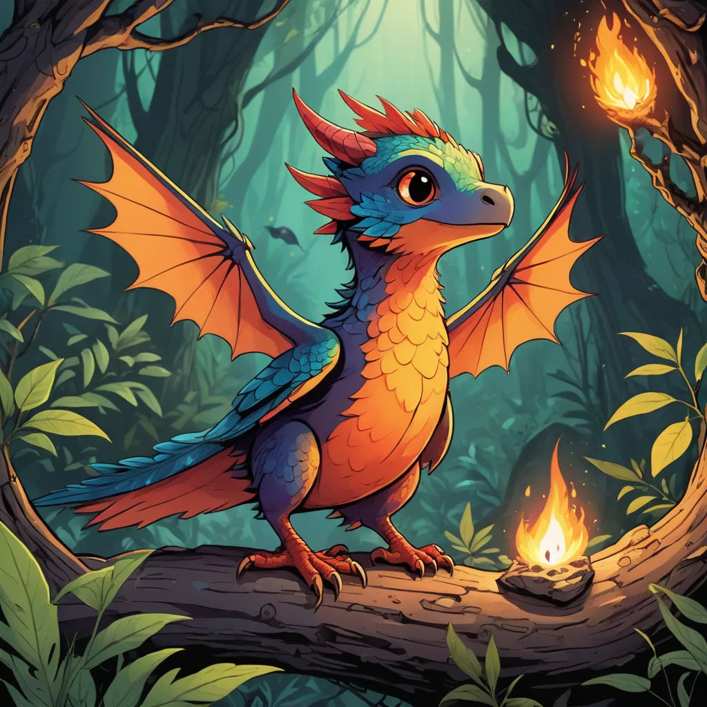 a colorful dragon sitting on a branch in a forest with a lit candle in its mouth and a glowing flame in its mouth, fantasy art, a storybook illustration, Chris LaBrooy, dragon art