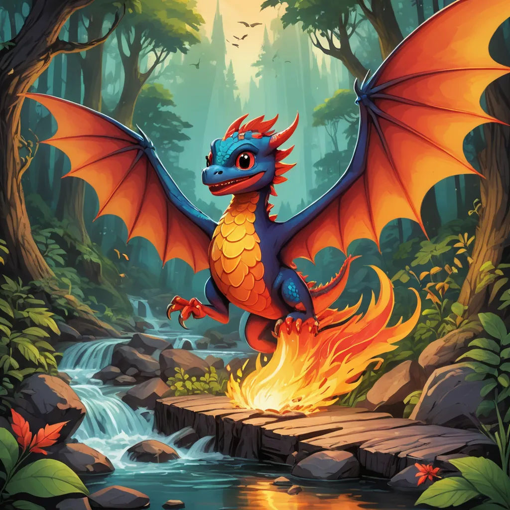 a dragon is flying over a stream in the forest with a waterfall and rocks in the foreground and a forest with a waterfall in the background, fantasy art, concept art, Chris LaBrooy, dragon art