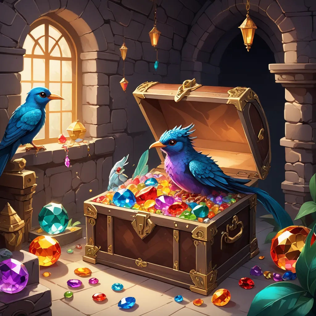 a blue bird sitting on top of a chest of jewels next to a window with a bird on it, fantasy art, a detailed painting, Chris LaBrooy, rossdraws global illumination