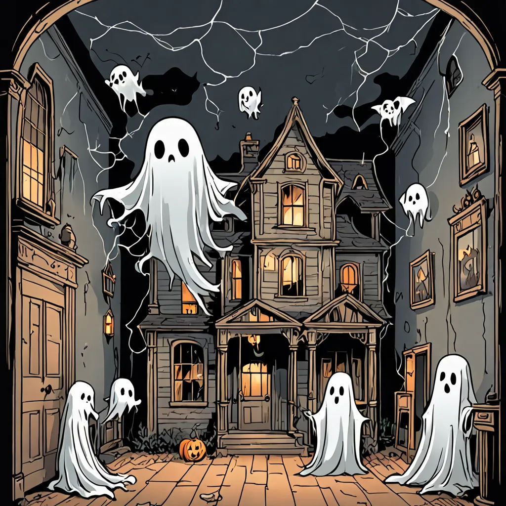 a group of ghost in front of a house with a ghost on the porch and a ghost on the ground, gothic art, a comic book panel, Eishōsai Chōki, comic cover art