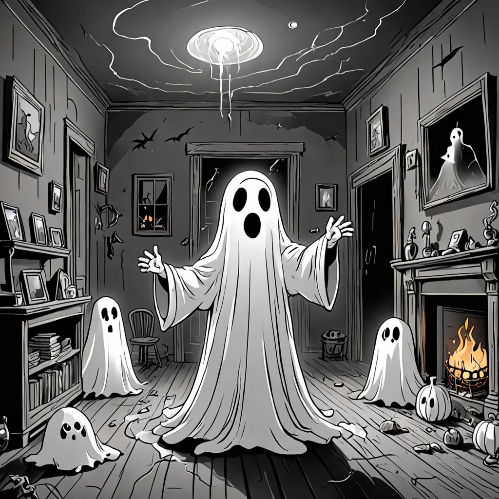 a cartoon of a ghost in a living room with ghost figures around the fireplace and a ghost on the floor, gothic art, a storybook illustration, Diego Gisbert Llorens, promotional image
