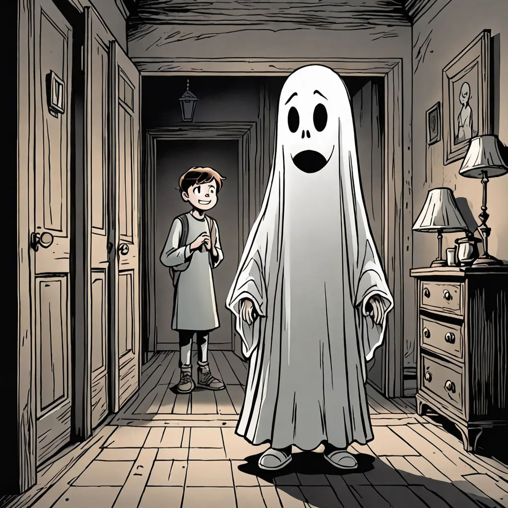 a cartoon of a boy and a ghost in a hallway with a lamp on the floor and a ghost in the doorway, private press, a comic book panel, Asaf Hanuka, official art