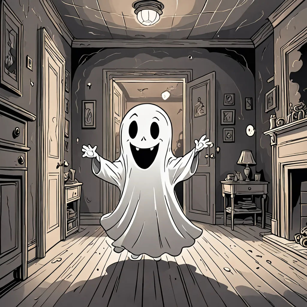 a cartoon ghost is standing in a room with a fireplace and a fireplace mantel in the background,, gothic art, a storybook illustration, Diego Gisbert Llorens, comic cover art