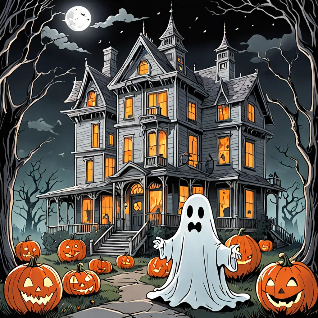 a halloween scene with a ghost and pumpkins in front of a house with a full moon in the sky, gothic art, a detailed drawing, Andrew Robertson, spooky