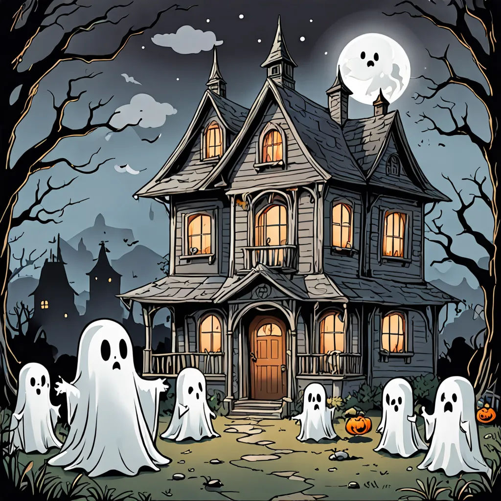 a group of ghost standing in front of a house with a full moon in the background and a full moon in the sky, gothic art, a detailed drawing, Eishōsai Chōki, horror theme