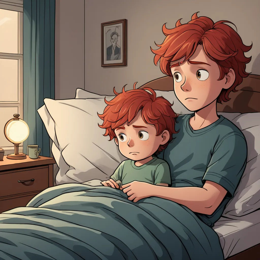 a man and a child are in bed together, one is holding the other's arm and the other is looking at the camera, dau-al-set, a storybook illustration, Felix-Kelly, dawn