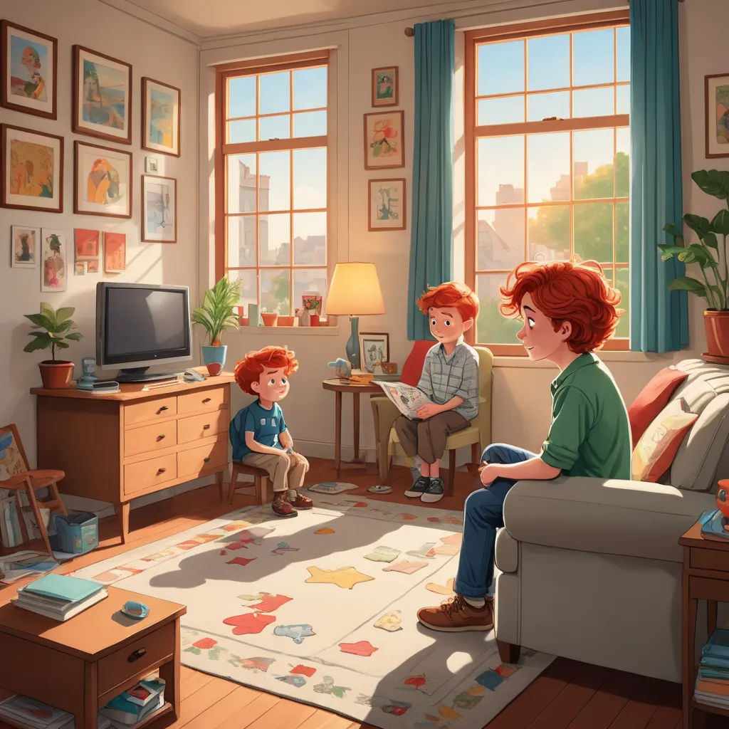 a painting of a family in a living room with a television and a couch and a child sitting on the floor, american scene painting, a storybook illustration, Brothers Hildebrandt, storybook illustration