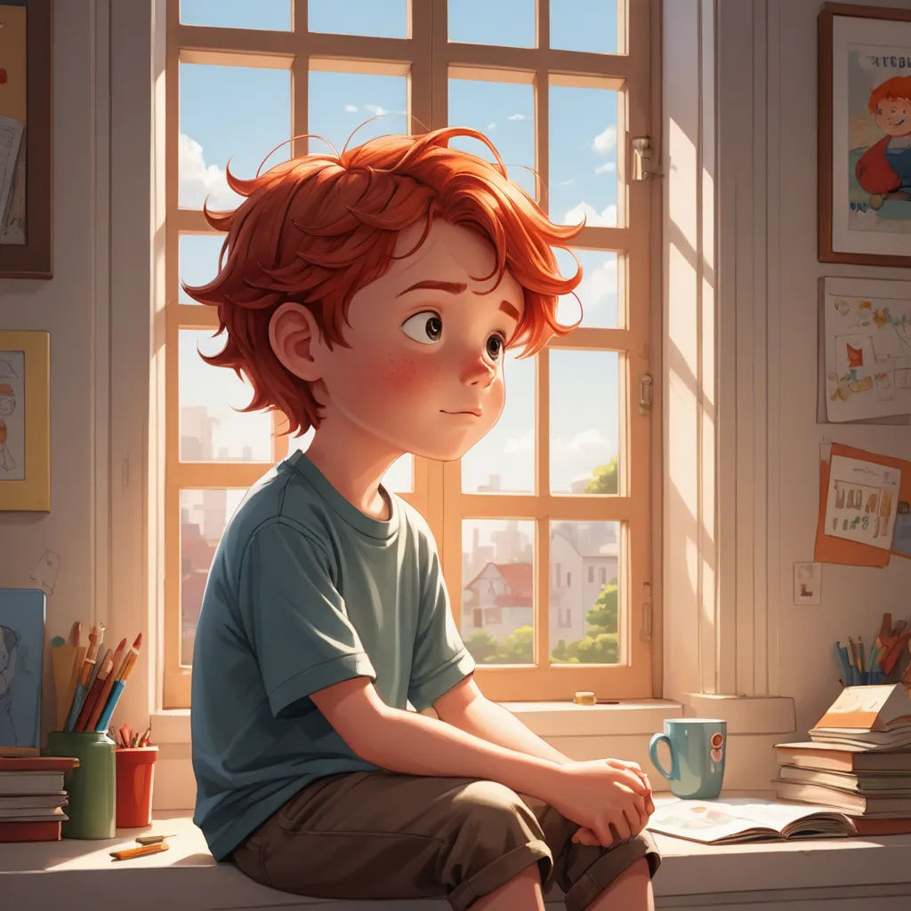 a boy sitting on a window sill with a cup of coffee in front of him and a book on the window sill, photorealism, a storybook illustration, Diego Gisbert Llorens, rossdraws global illumination