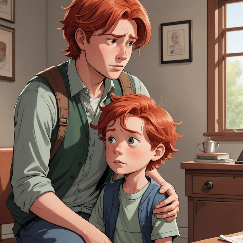 a man and a boy are sitting together in a room with a desk and a window in the background, sots art, a comic book panel, Brothers Hildebrandt, comic cover art