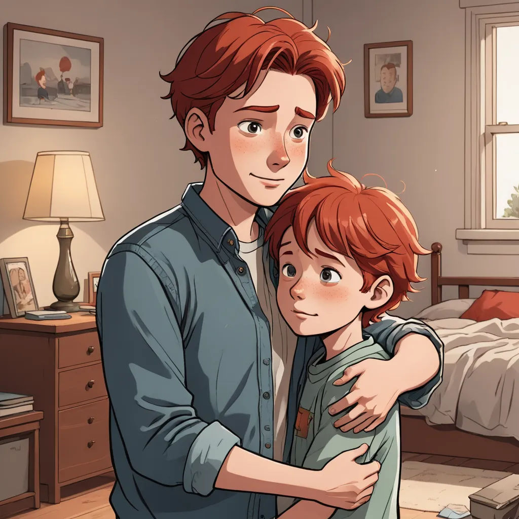 a man holding a child in a bedroom with a bed and a lamp on the wall behind him and a picture of a bedroom behind him, sots art, a storybook illustration, Cedric Seaut (Keos Masons), official art