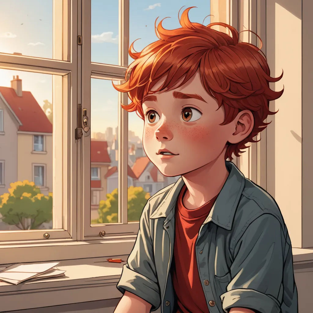 a boy sitting at a table looking out a window at a city outside of a window with a red hair, photorealism, a comic book panel, Cedric Seaut (Keos Masons), rossdraws global illumination